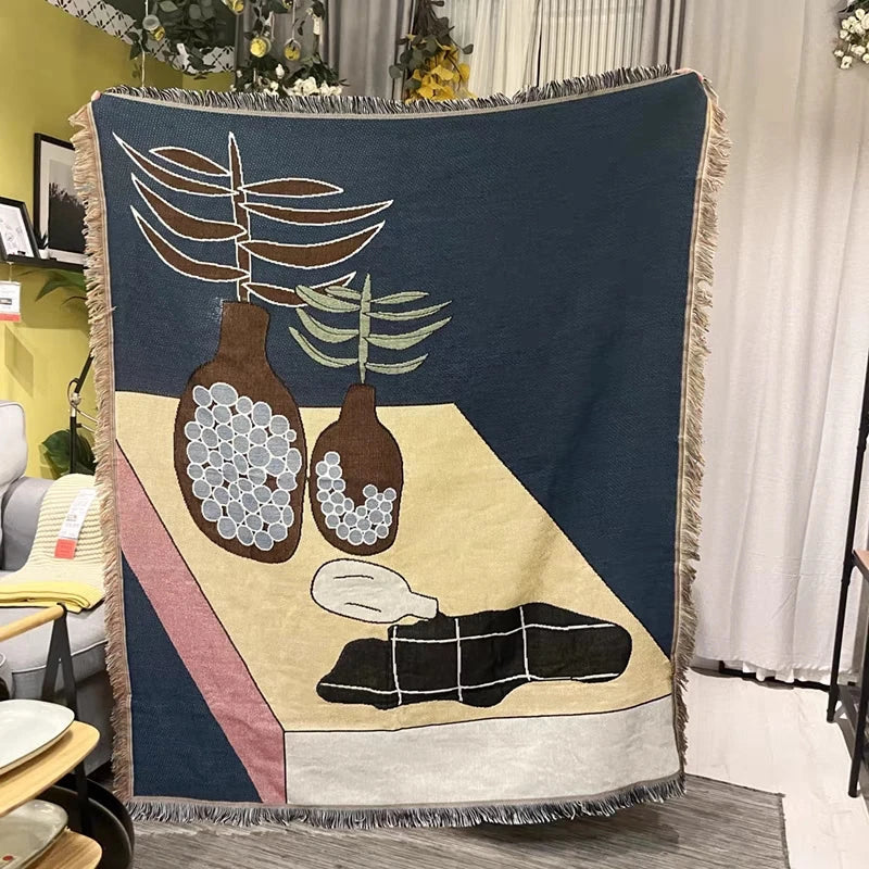 Blue Leaf Jacquard Throw Blanket Brownstick