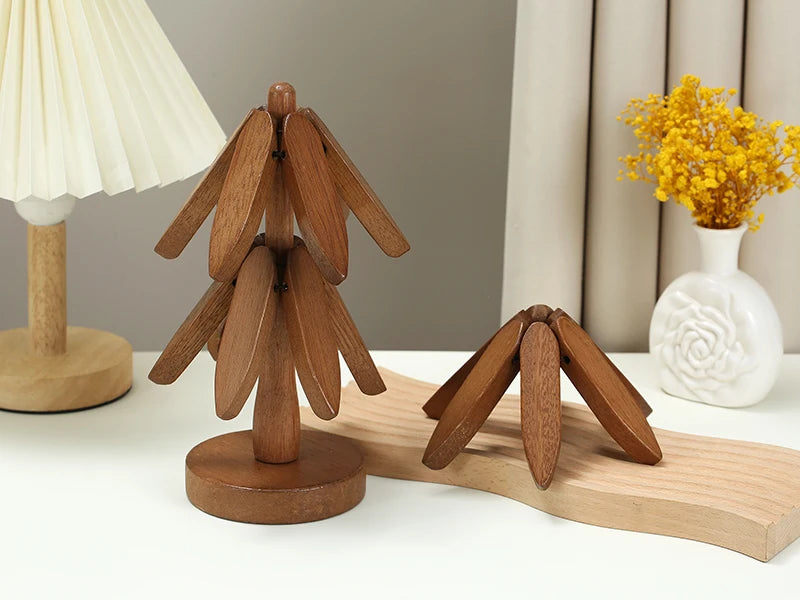 4PCS Wooden Tree-Shaped Heat Resistant Trivets Brownstick