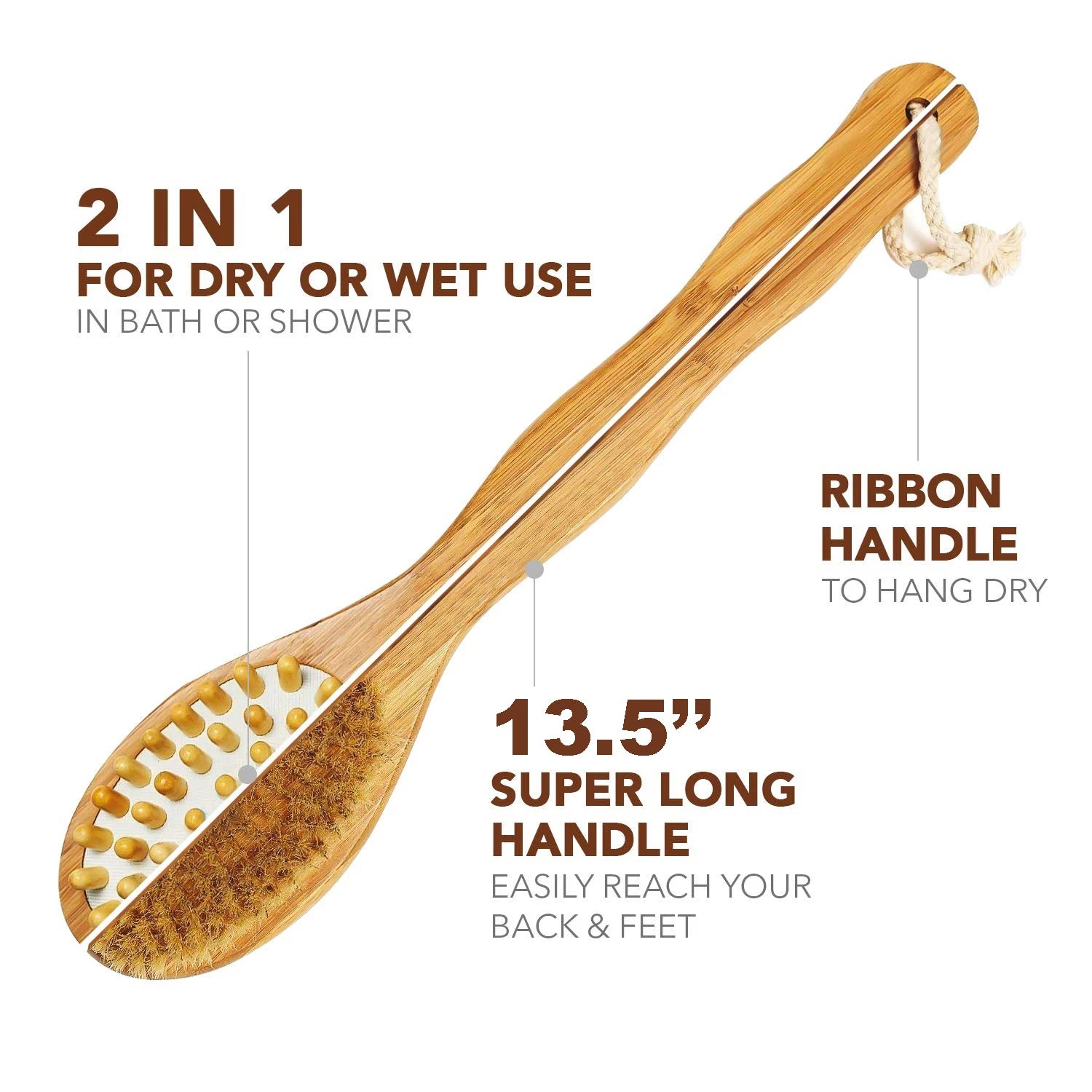 Bamboo  Long Handle Body Brush with Natural Bristles Brownstick