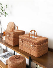 Handwoven Rattan Storage Box with Handle Brownstick