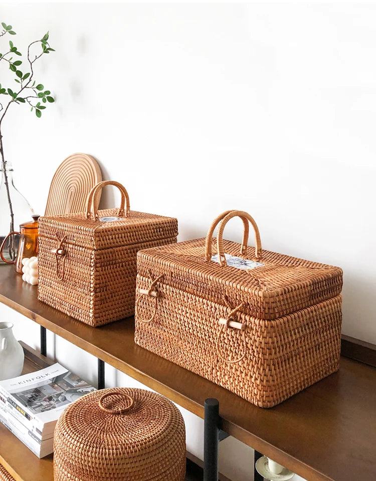 Handwoven Rattan Storage Box with Handle Brownstick