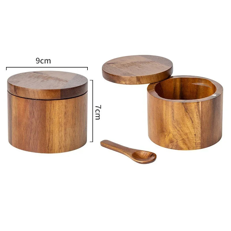 Acacia Wood Spice Box with Rotating Lid – Salt & Pepper Cellar Brownstick