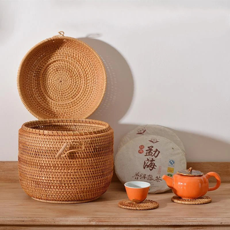 Handwoven Rattan Storage Box with Lid – Tea & Snack Organizer Brownstick