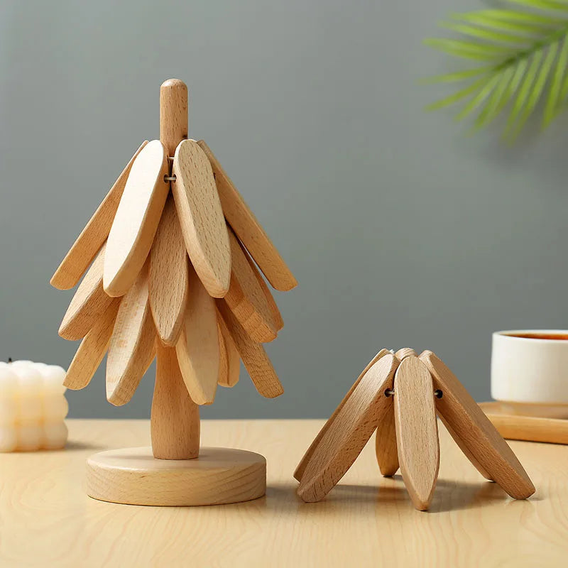 4PCS Wooden Tree-Shaped Heat Resistant Trivets Brownstick