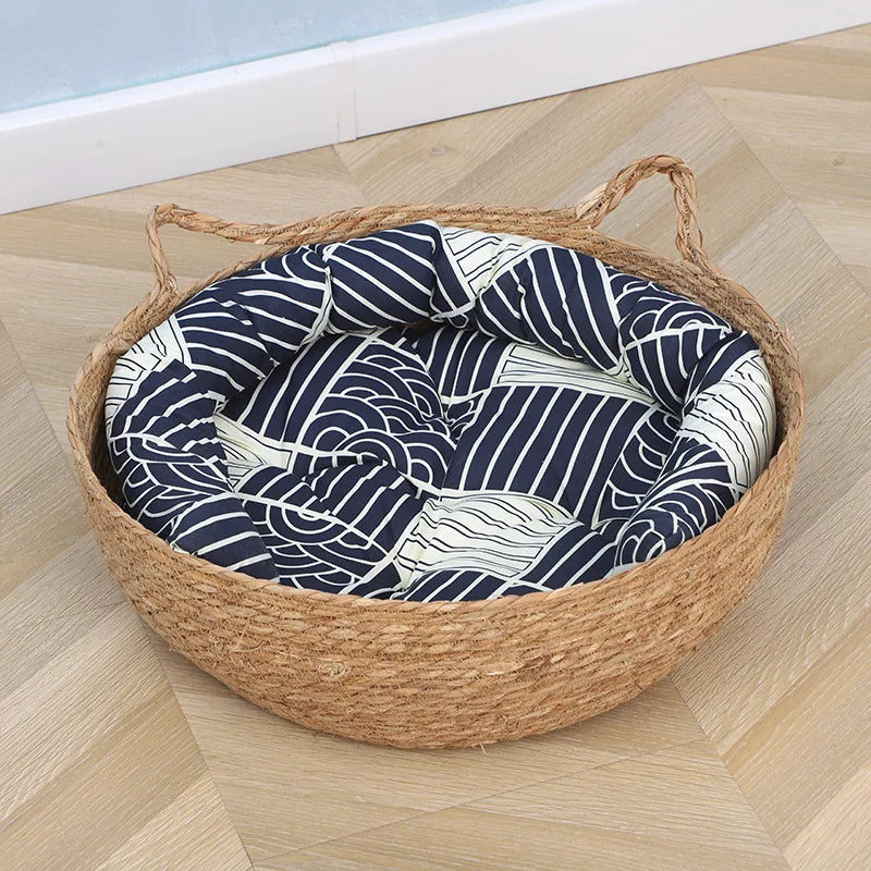 Rattan Pet Nest with Removable Washable Cushion Brownstick