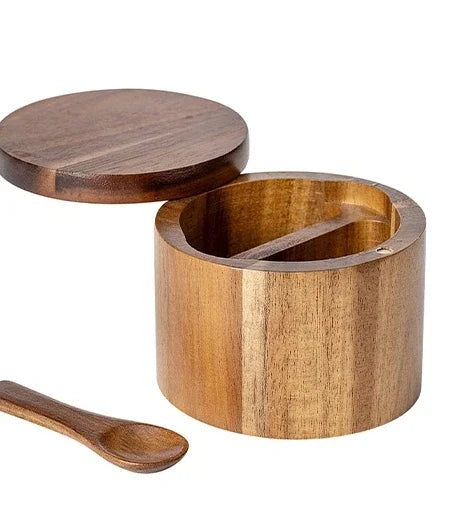 Acacia Wood Spice Box with Rotating Lid – Salt & Pepper Cellar Brownstick