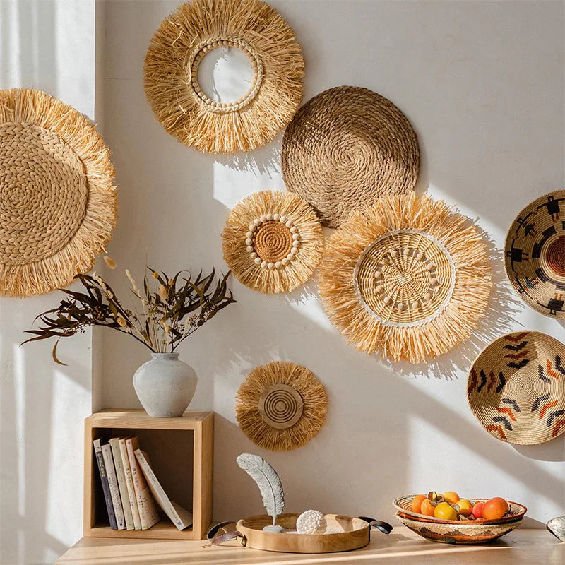 Rustic Handmade Straw Wall Decor Boho Hanging Wicker Art (7 Styles) Brownstick