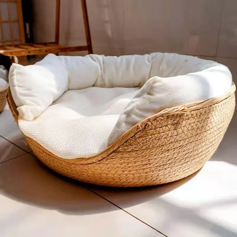 Handwoven Bamboo Pet Bed with Removable Cushion – Cat & Puppy Cozy Nest Brownstick
