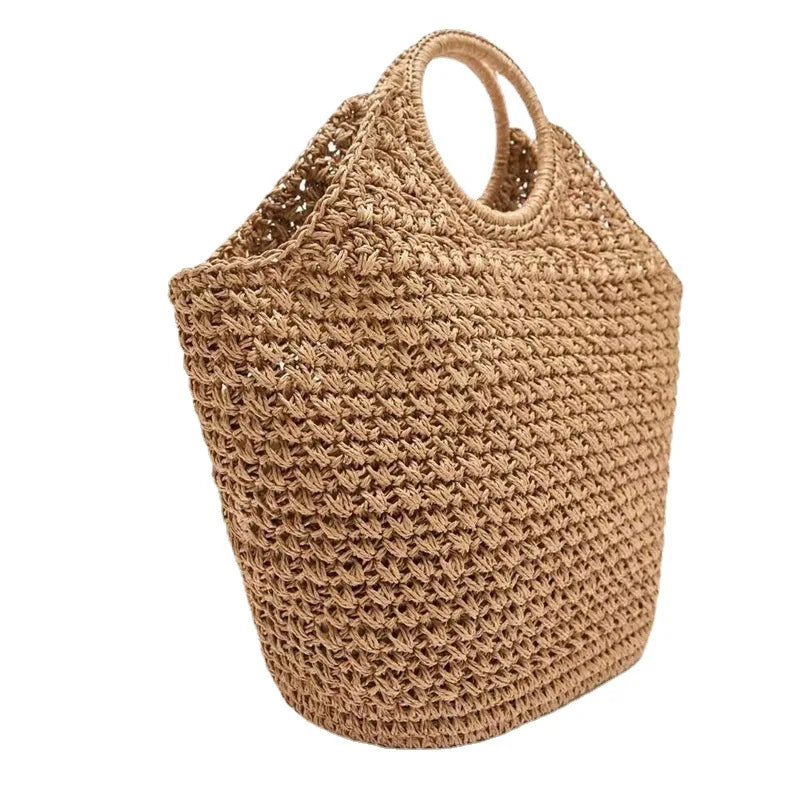 Round Handle Straw Bag – Handmade Raffia Tote for Summer Travel Brownstick