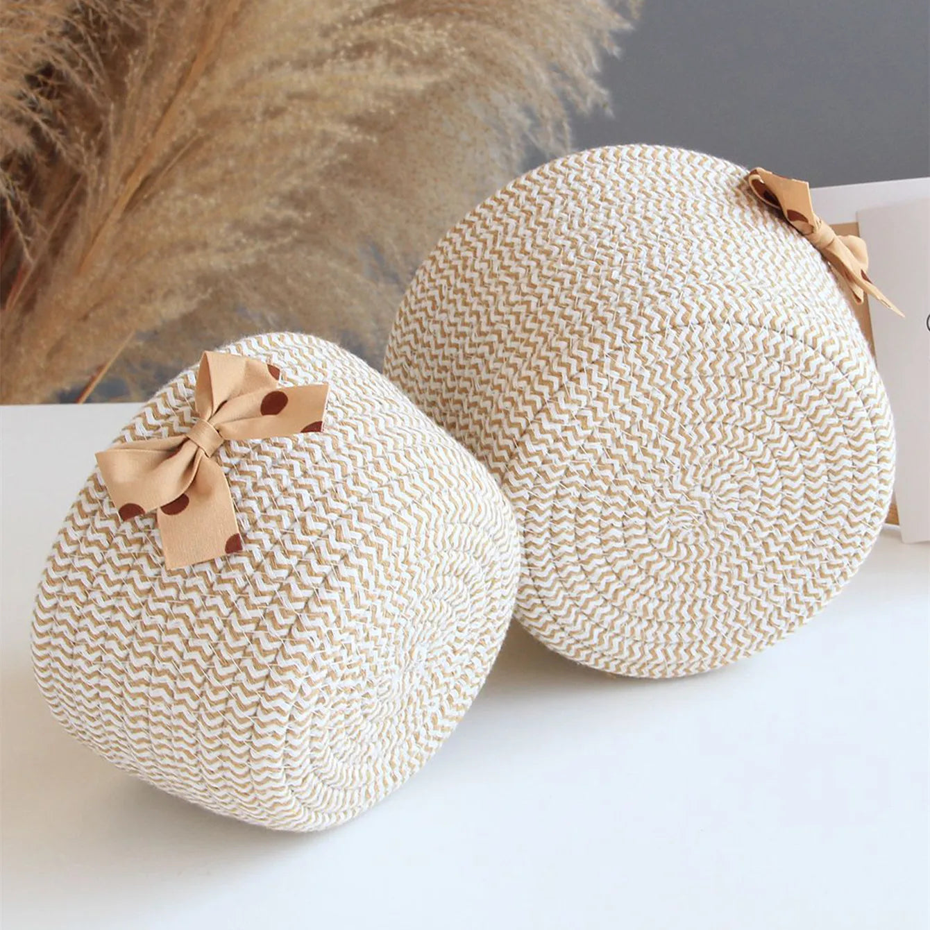 Handmade Bowknot Cotton Rope Storage Baskets – Set of 2 Brownstick