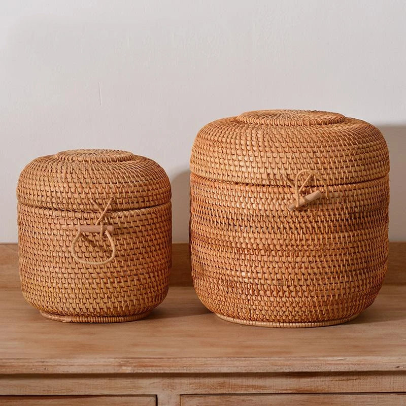 Handwoven Rattan Storage Box with Lid – Tea & Snack Organizer Brownstick