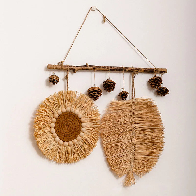 Rustic Handmade Straw Wall Decor Boho Hanging Wicker Art (7 Styles) Brownstick