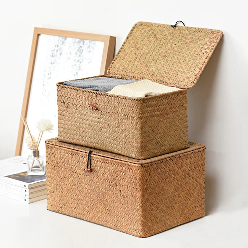 Handwoven Seagrass Storage Basket with Lid – Natural Organizer Brownstick