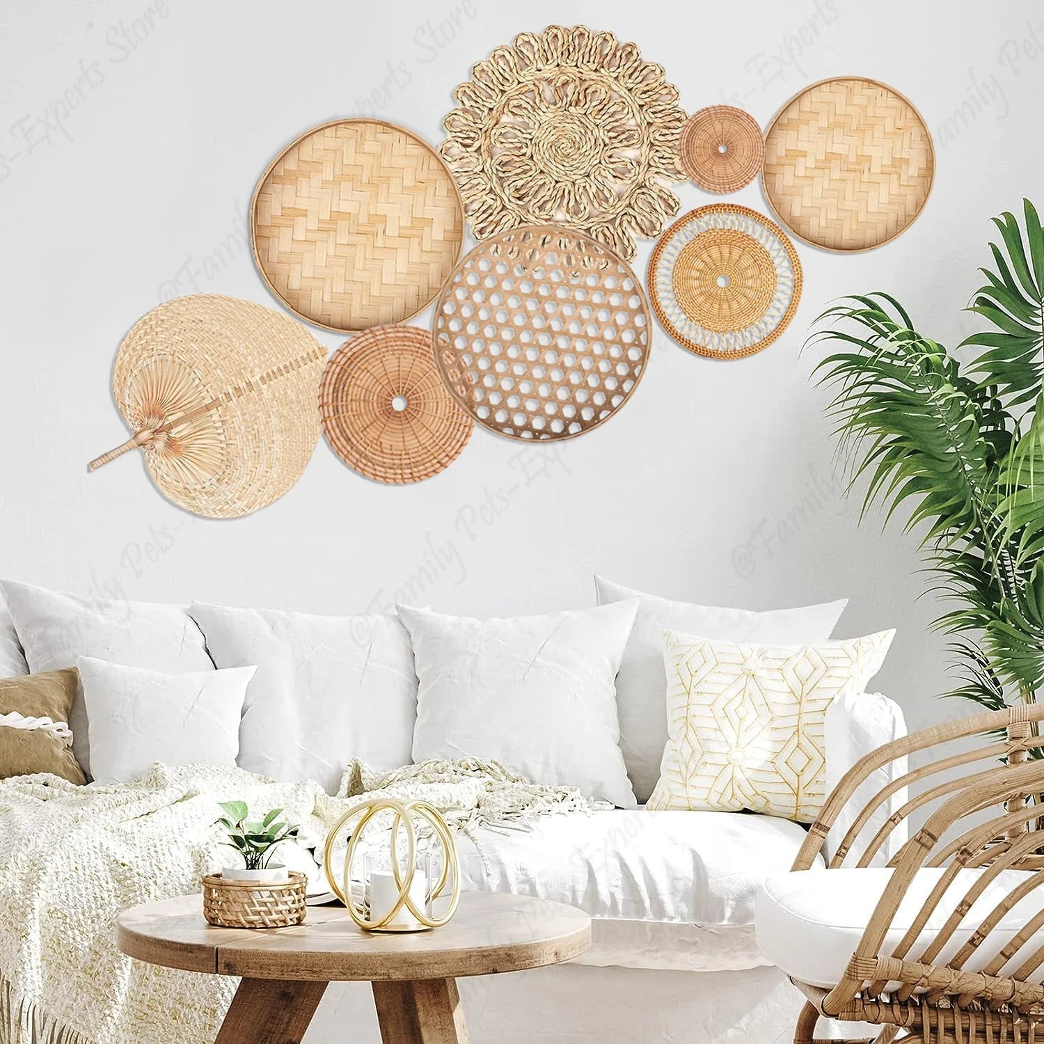 8pcs Natural Wall Basket Boho Decor – Handmade Rattan Set Brownstick