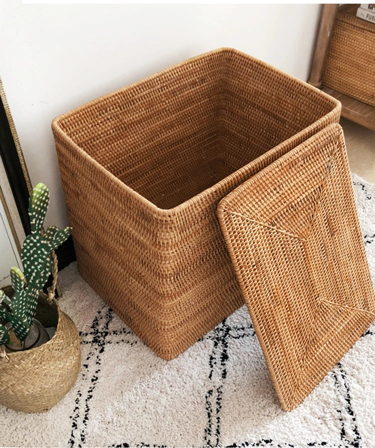 Handwoven Rattan Laundry Basket with Cover – Large Storage Brownstick