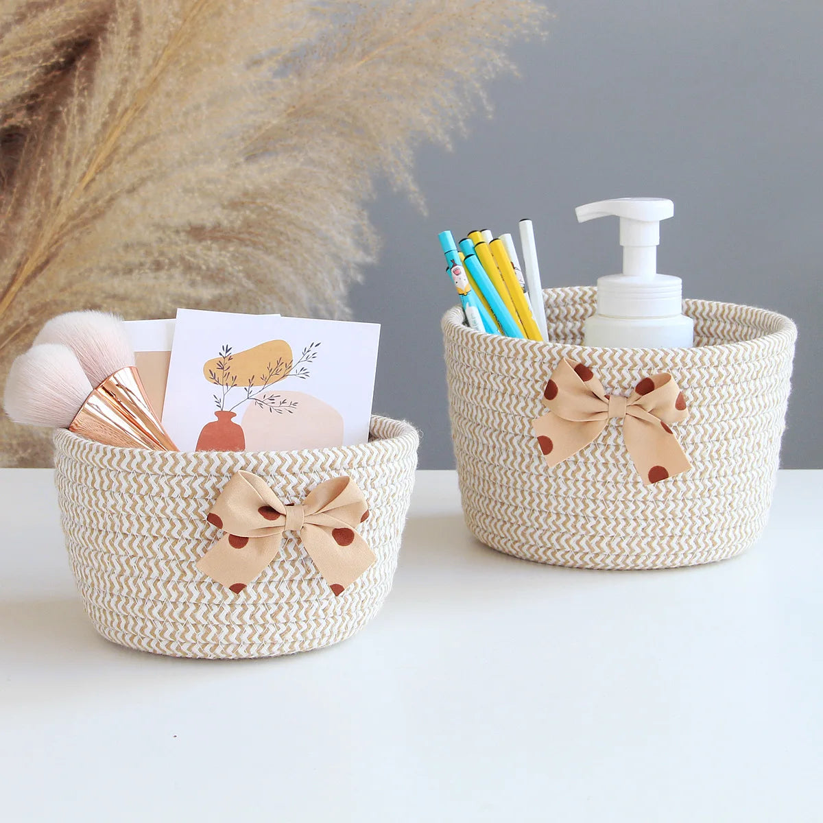 Handmade Bowknot Cotton Rope Storage Baskets – Set of 2 Brownstick