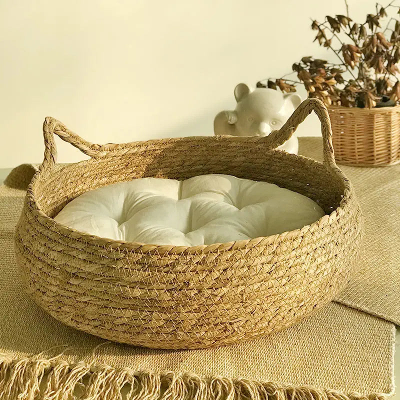 Washable Rattan Cat Bed with Scratcher & Cushion – Pet House Brownstick
