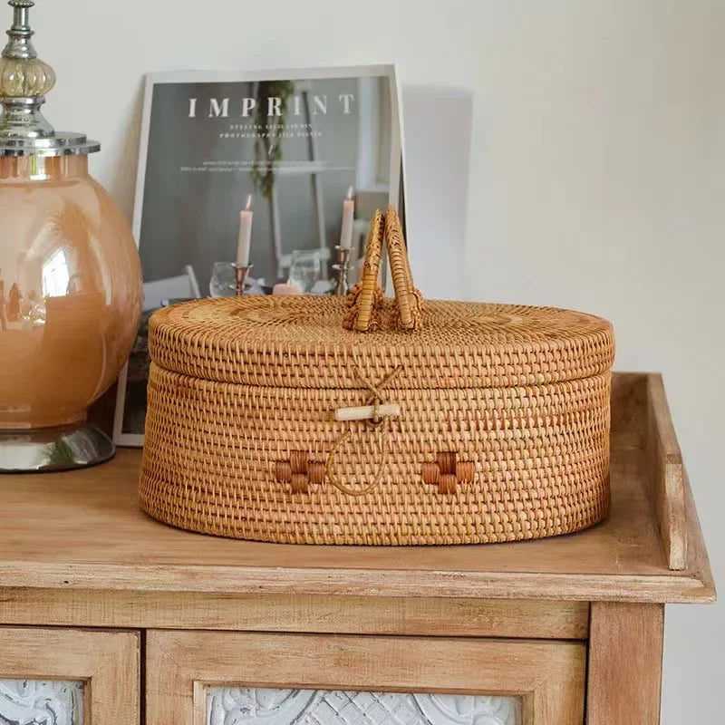 Handwoven Rattan Storage Box with Handle Picnic & Kitchen Brownstick