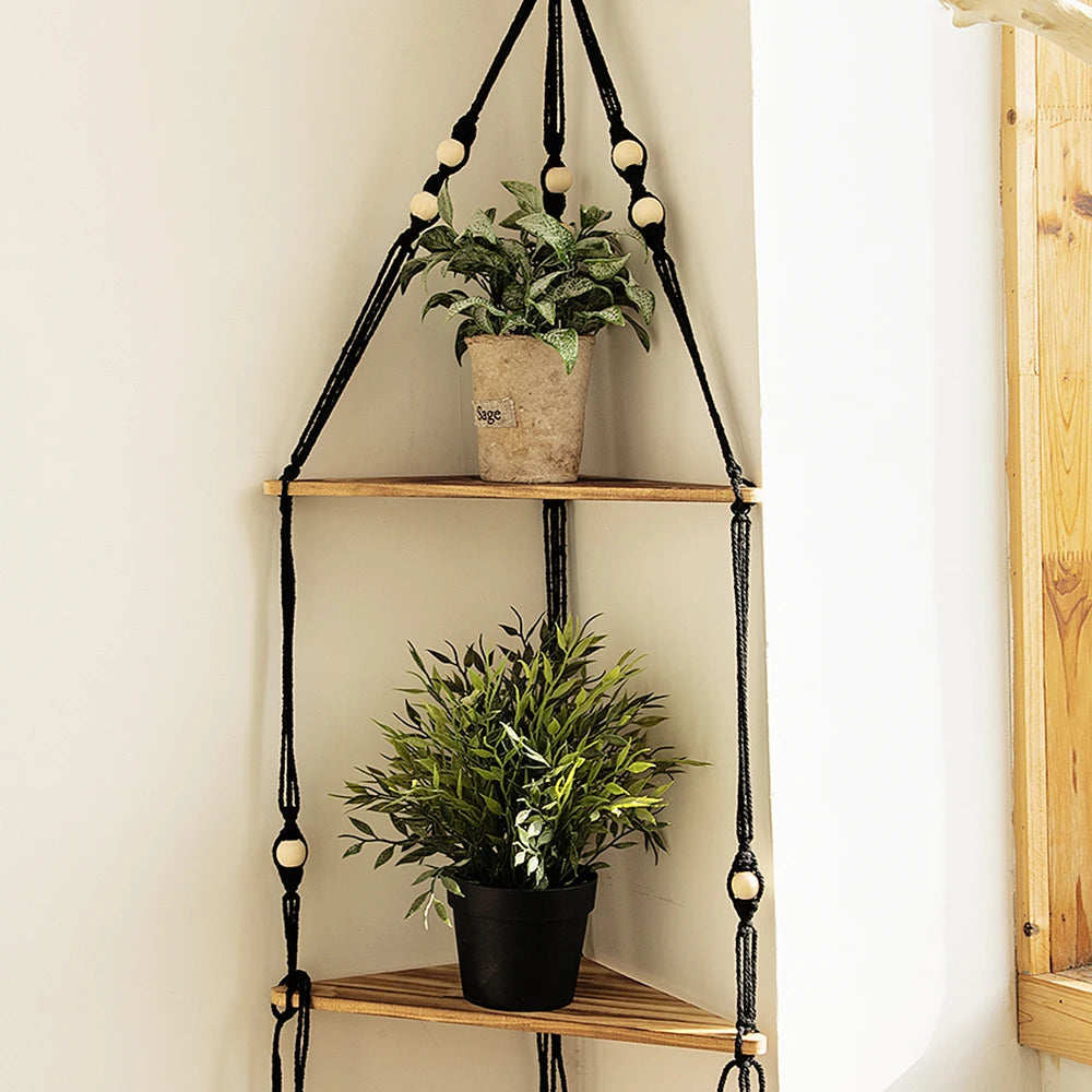 Macrame Corner Wall Shelf – Boho Triangle Shelf with Rope Hanger Brownstick