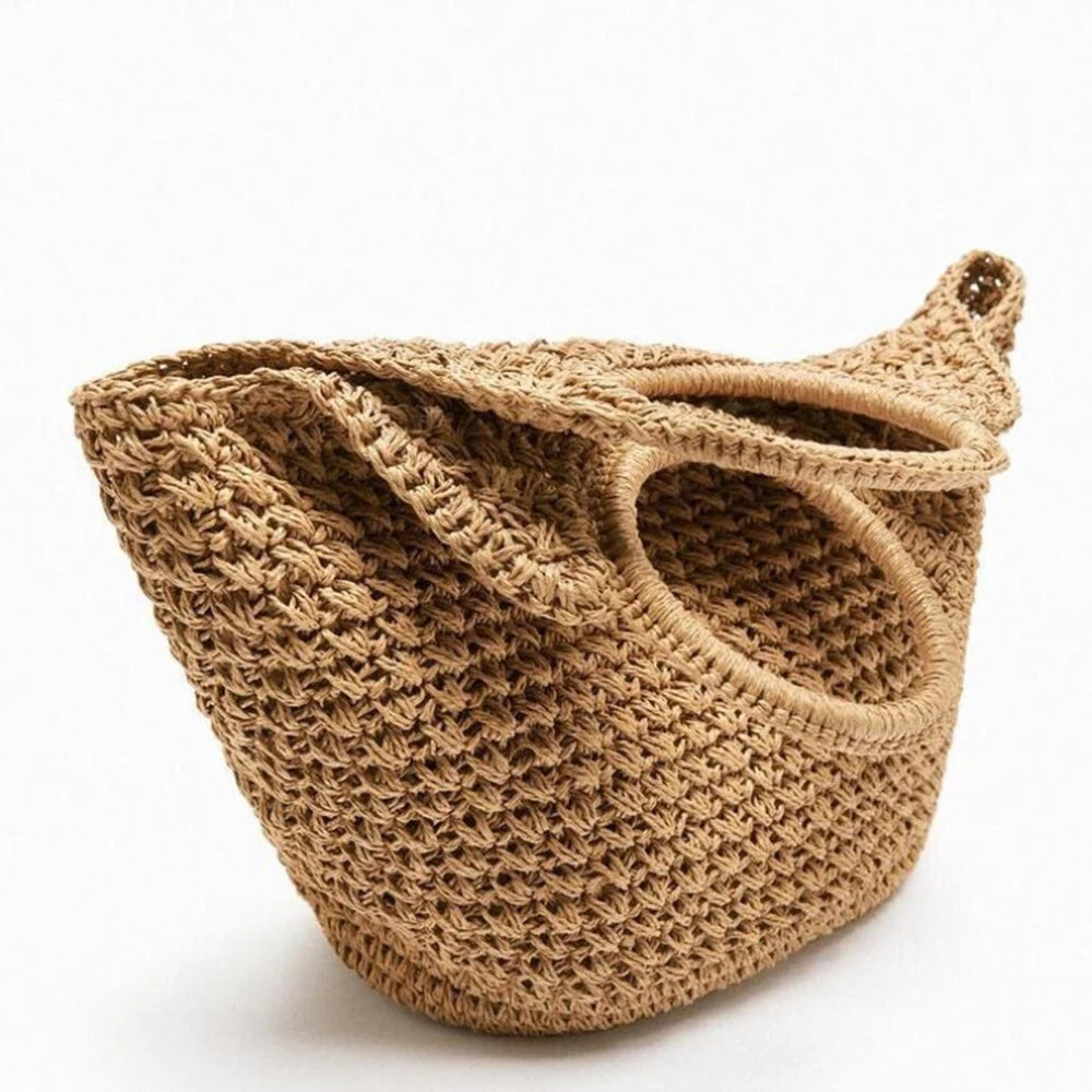 Round Handle Straw Bag – Handmade Raffia Tote for Summer Travel Brownstick