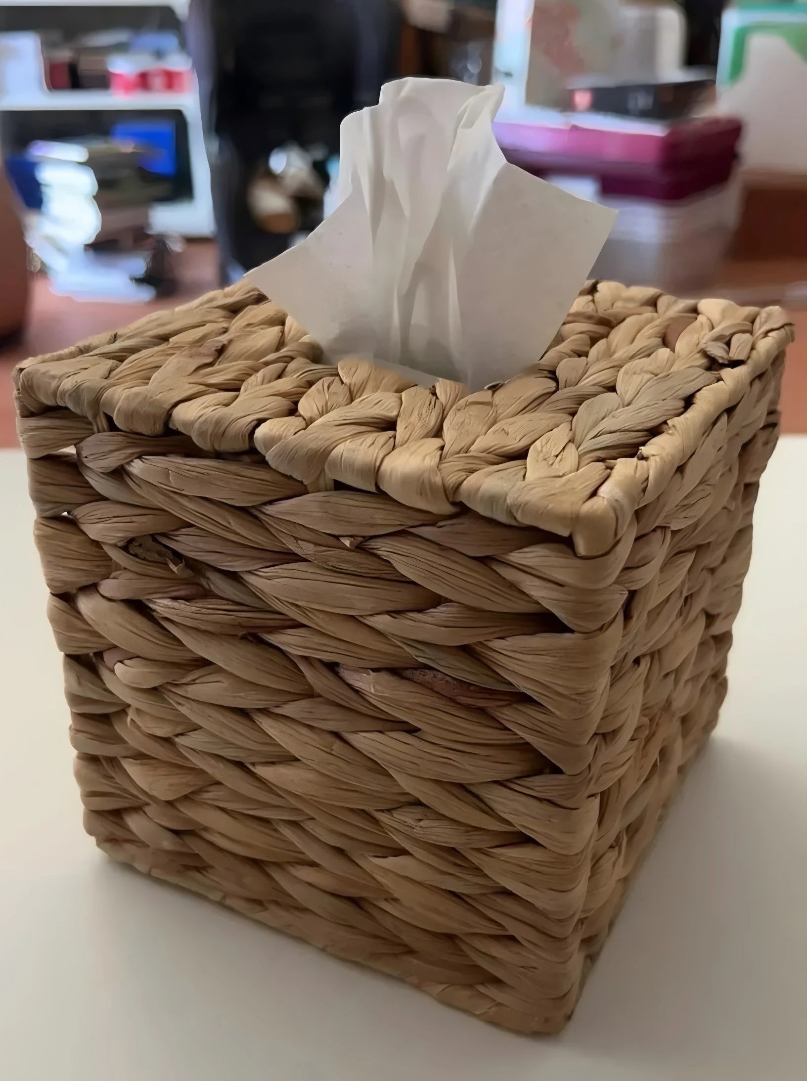 Boho Rattan Tissue Box Cover – Square Woven Wicker Holder Brownstick