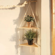 Macrame Corner Wall Shelf – Boho Triangle Shelf with Rope Hanger Brownstick