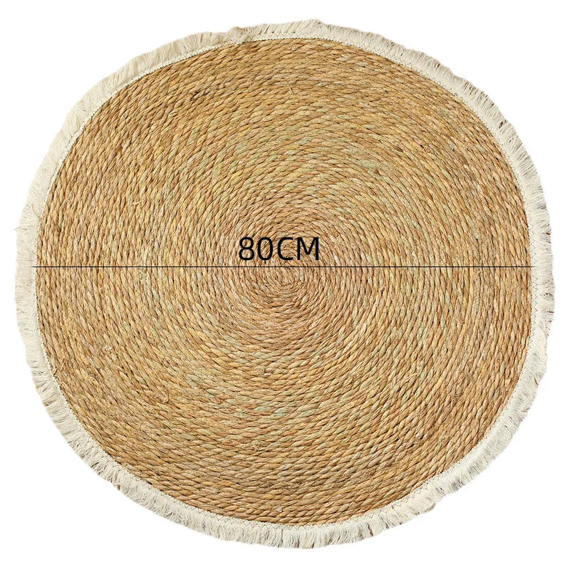 Round Handmade Jute Rattan Grass Rugs with Tassels Brownstick