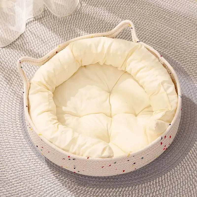 Round Cotton Rope Pet Bed – Soft Washable Cat & Dog Nest Brownstick