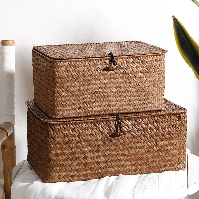 Handwoven Seagrass Storage Basket with Lid – Natural Organizer Brownstick