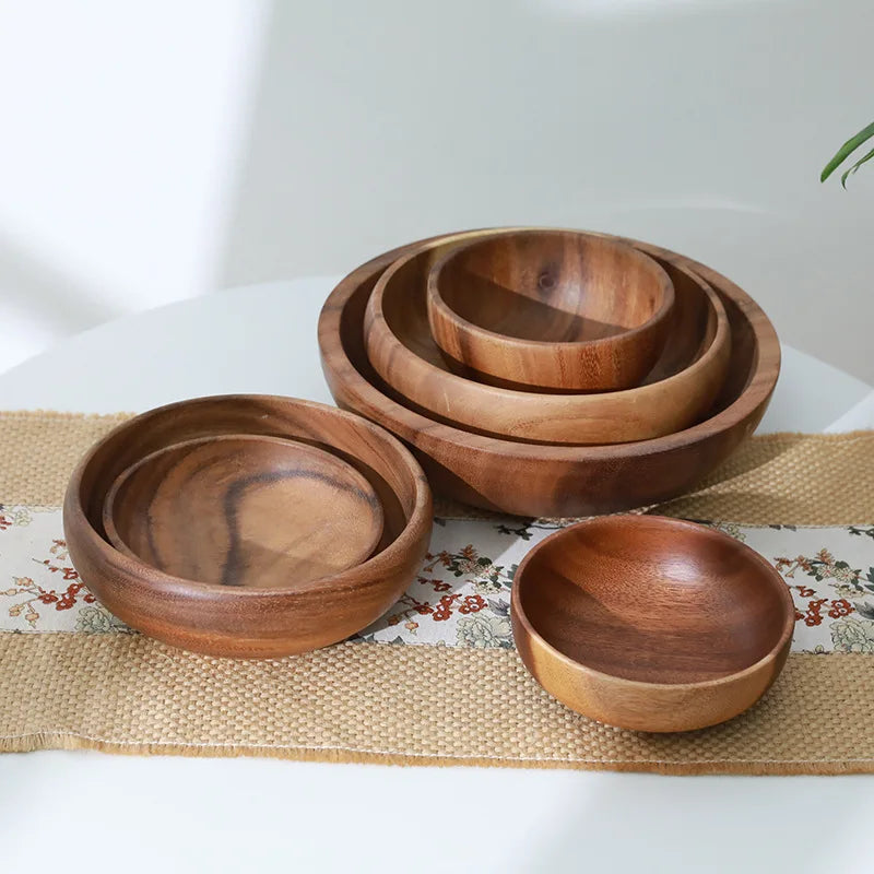 Classic Round Handmade Acacia Wood Salad Bowl Brownstick
