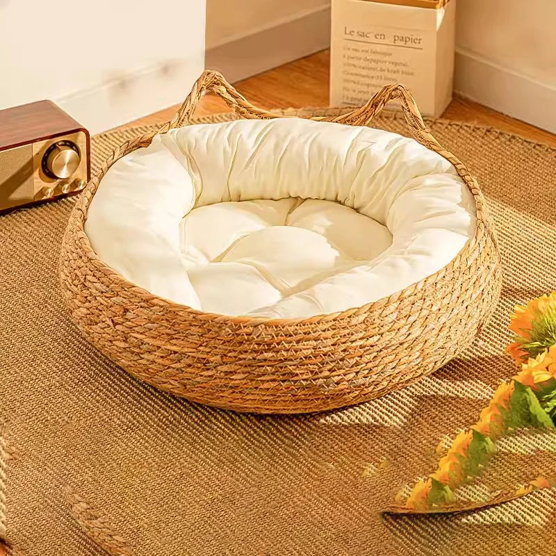 Rattan Pet Nest with Removable Washable Cushion Brownstick
