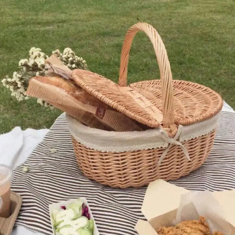 Handwoven Wicker Picnic Basket with Lid – Rustic Storage Box Brownstick