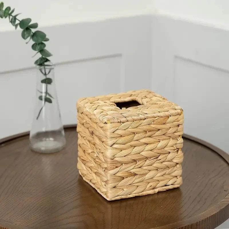 Boho Rattan Tissue Box Cover – Square Woven Wicker Holder Brownstick