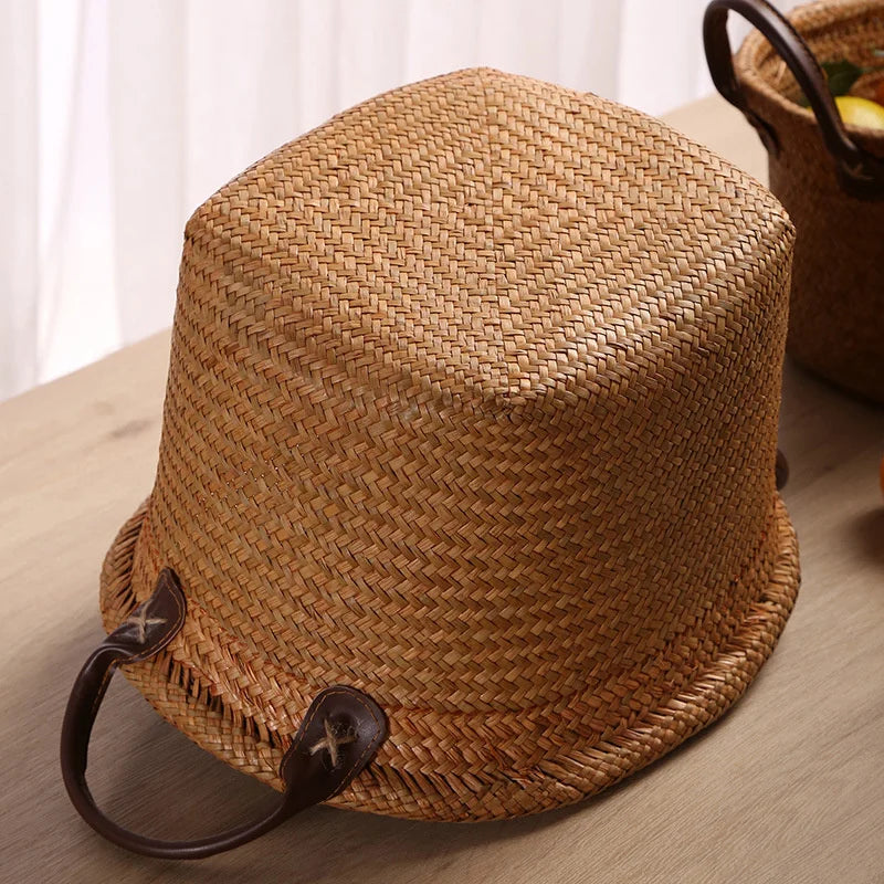 Seaweed Wicker Basket with Leather Handle  Storage & Décor Brownstick