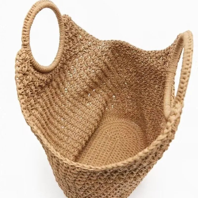 Round Handle Straw Bag – Handmade Raffia Tote for Summer Travel Brownstick
