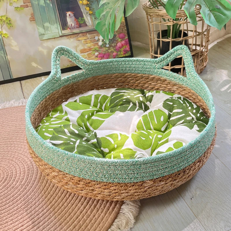 Rattan Cat Bed with Scratcher – Washable Cushion Pet House Brownstick