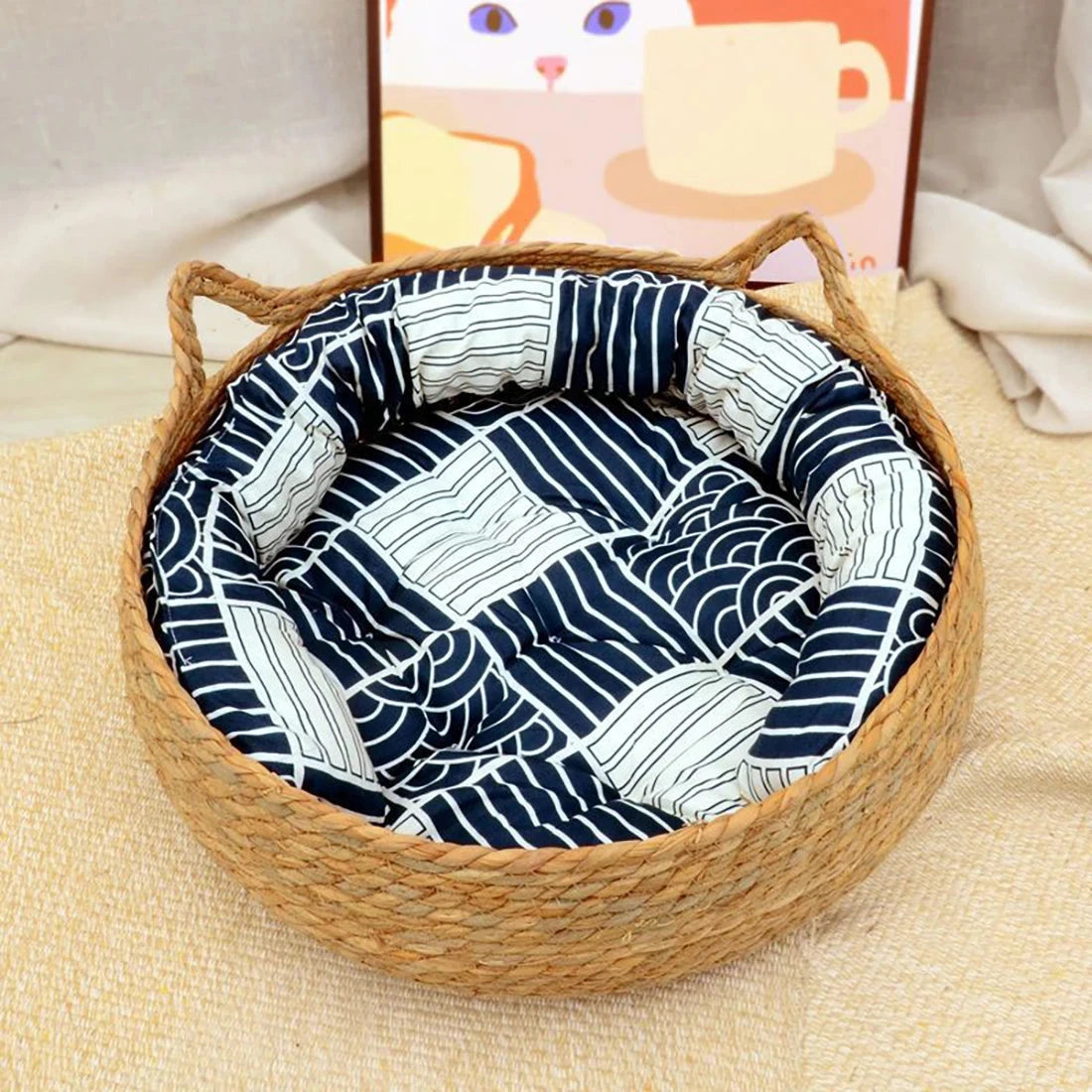 Washable Rattan Cat Bed with Scratcher & Cushion Brownstick