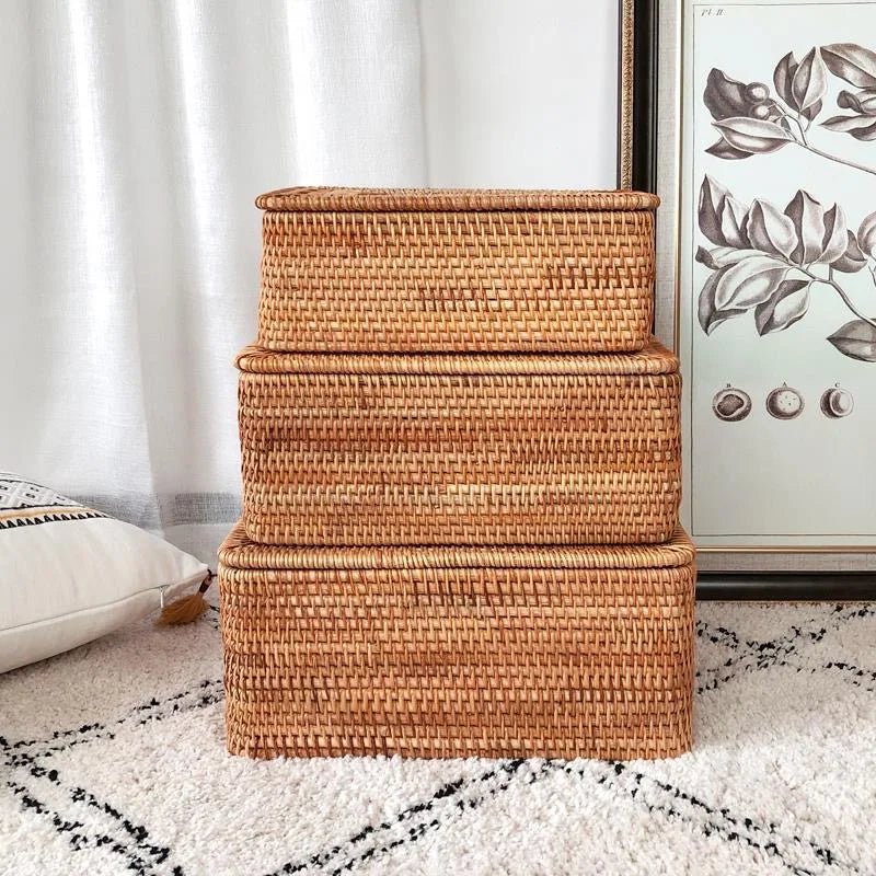Handwoven Rattan Laundry Basket with Cover – Large Storage Brownstick