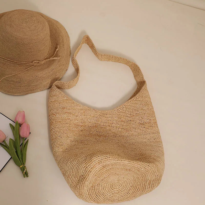 Handmade Raffia Beach Tote Bag Brownstick
