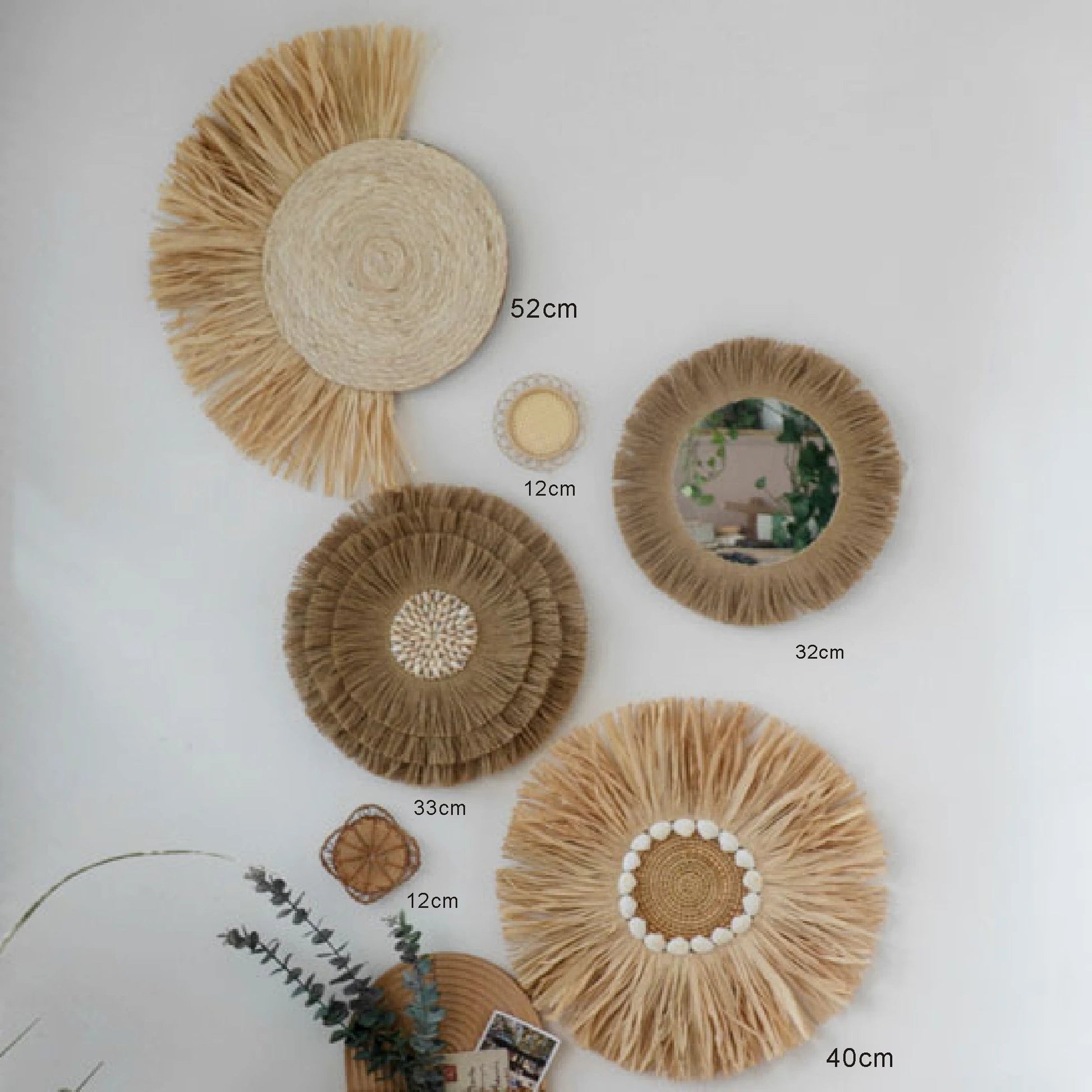 Nordic Straw Mirror – Raffia Shell Boho Wall Decor Sets Brownstick