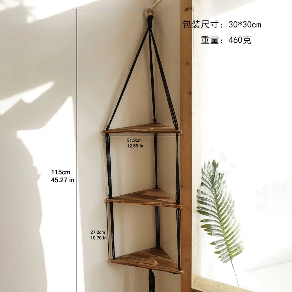 Macrame Corner Wall Shelf – Boho Triangle Shelf with Rope Hanger Brownstick