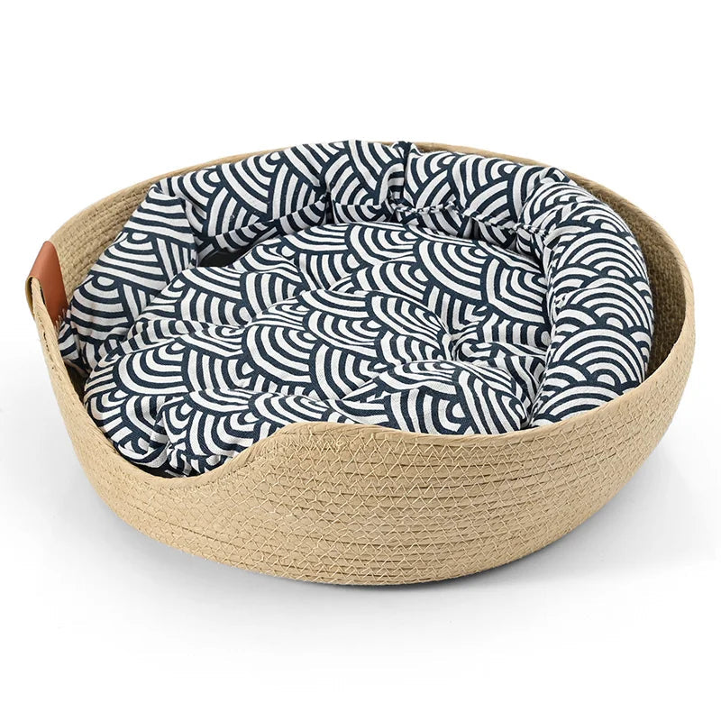 Handmade Bamboo Pet Bed – Cozy Cat & Dog Nest with Cushion Brownstick
