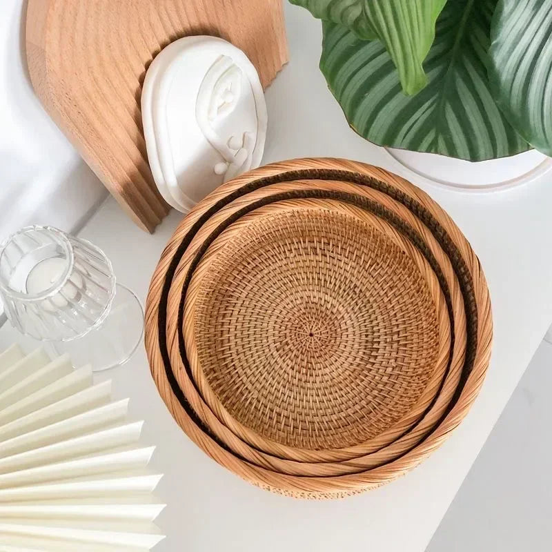 Round Rattan Woven Basket – Rustic Fruit & Bread Organizer Brownstick
