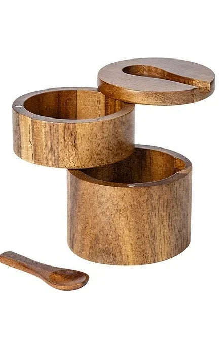 Acacia Wood Spice Box with Rotating Lid – Salt & Pepper Cellar Brownstick