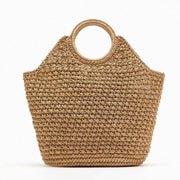 Round Handle Straw Bag – Handmade Raffia Tote for Summer Travel Brownstick
