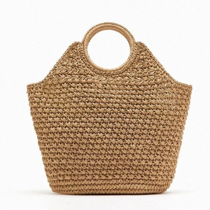 Round Handle Straw Bag – Handmade Raffia Tote for Summer Travel Brownstick