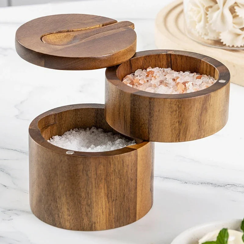 Acacia Wood Spice Box with Rotating Lid – Salt & Pepper Cellar Brownstick