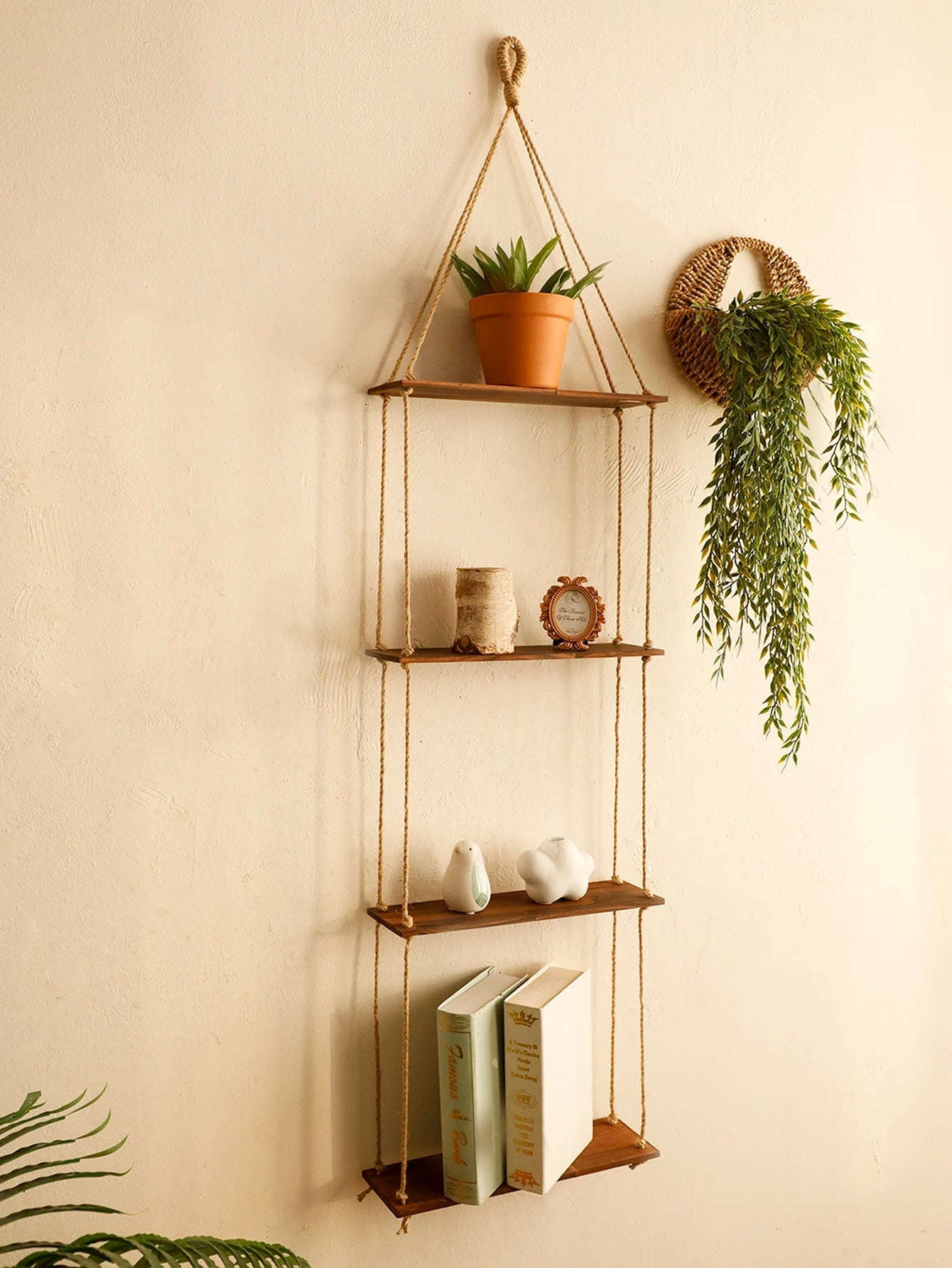 4-Layer Charcoal Wall Shelf – Floating Wooden Plant Rack Display Brownstick