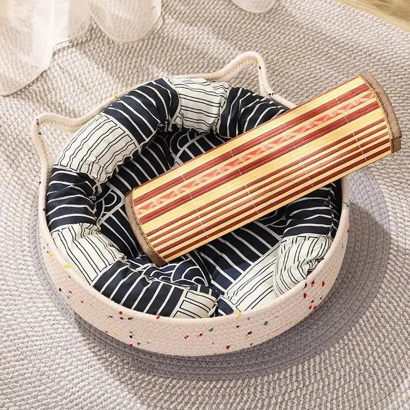 Round Cotton Rope Pet Bed – Soft Washable Cat & Dog Nest Brownstick
