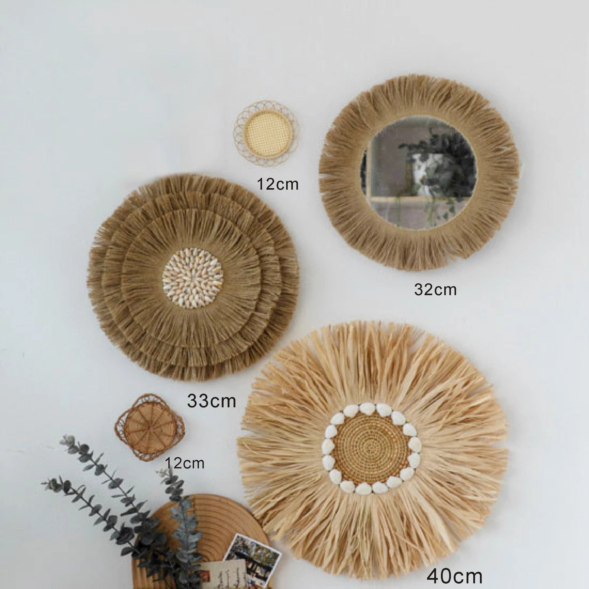Nordic Straw Mirror – Raffia Shell Boho Wall Decor Sets Brownstick
